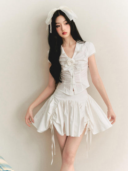 1P STUDIO White V-neck Tie Ruched Button Short Sleeve Women&