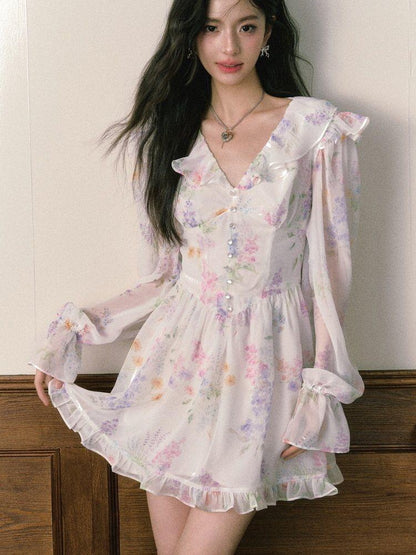 1P STUDIO Wisteria Floral V-neck Long Sleeve Cinched Waist Women&