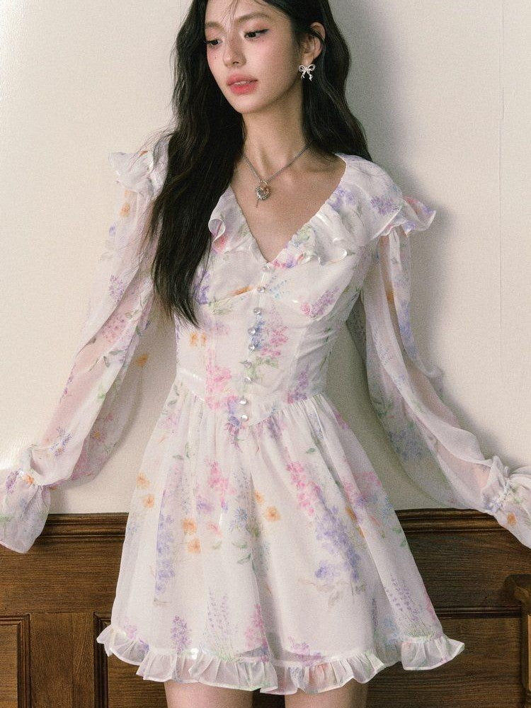 1P STUDIO Wisteria Floral V-neck Long Sleeve Cinched Waist Women&