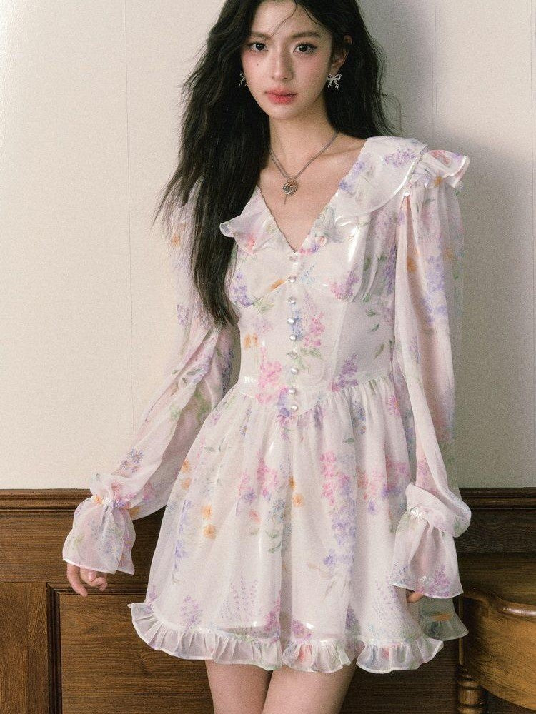 1P STUDIO Wisteria Floral V-neck Long Sleeve Cinched Waist Women&