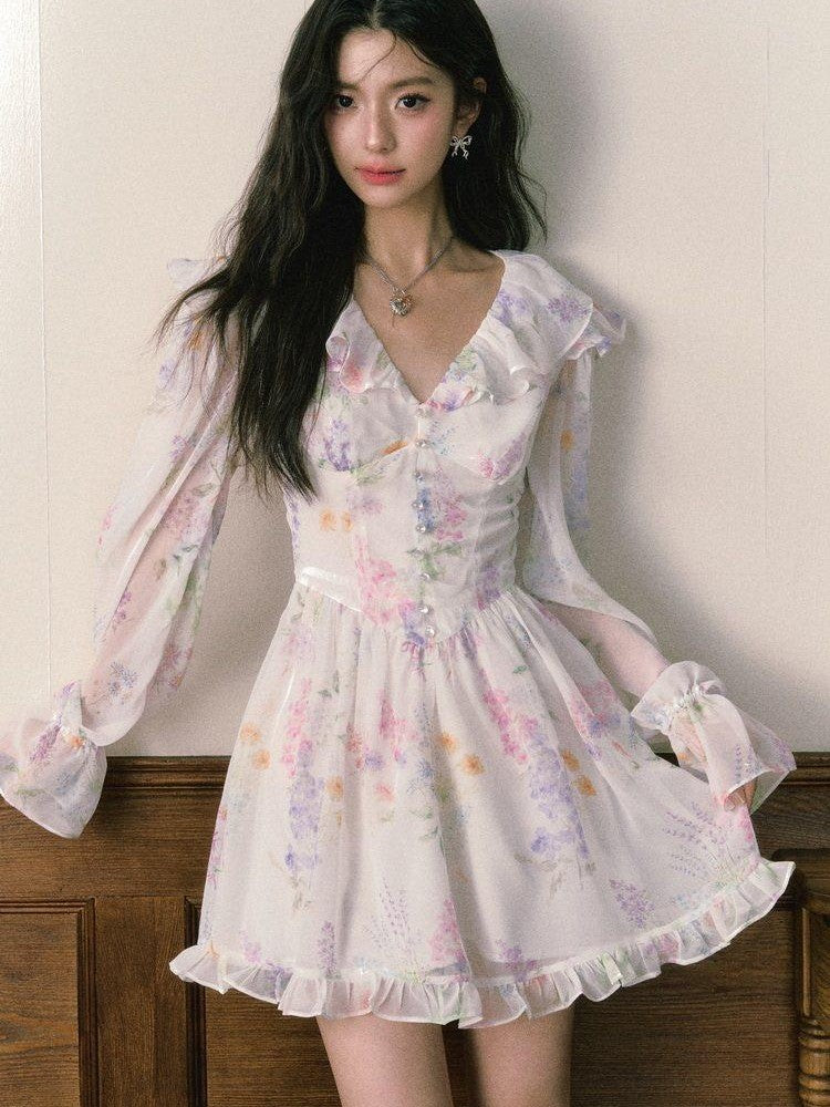 1P STUDIO Wisteria Floral V-neck Long Sleeve Cinched Waist Women&