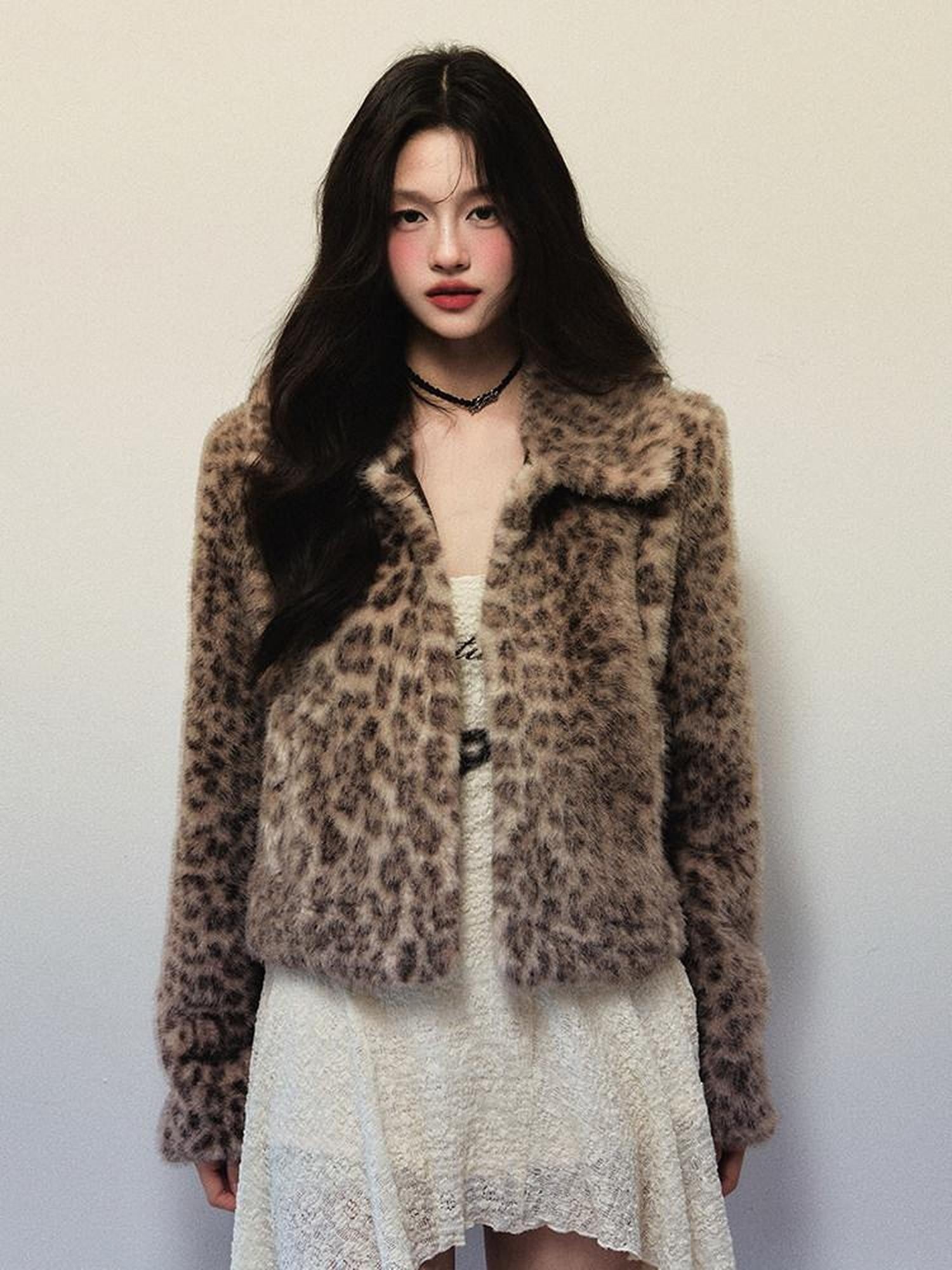 1P STUDIO Y2k Leopard Print Short Oversized Large Lapel Women&