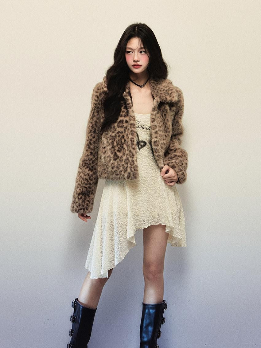 1P STUDIO Y2k Leopard Print Short Oversized Large Lapel Women&