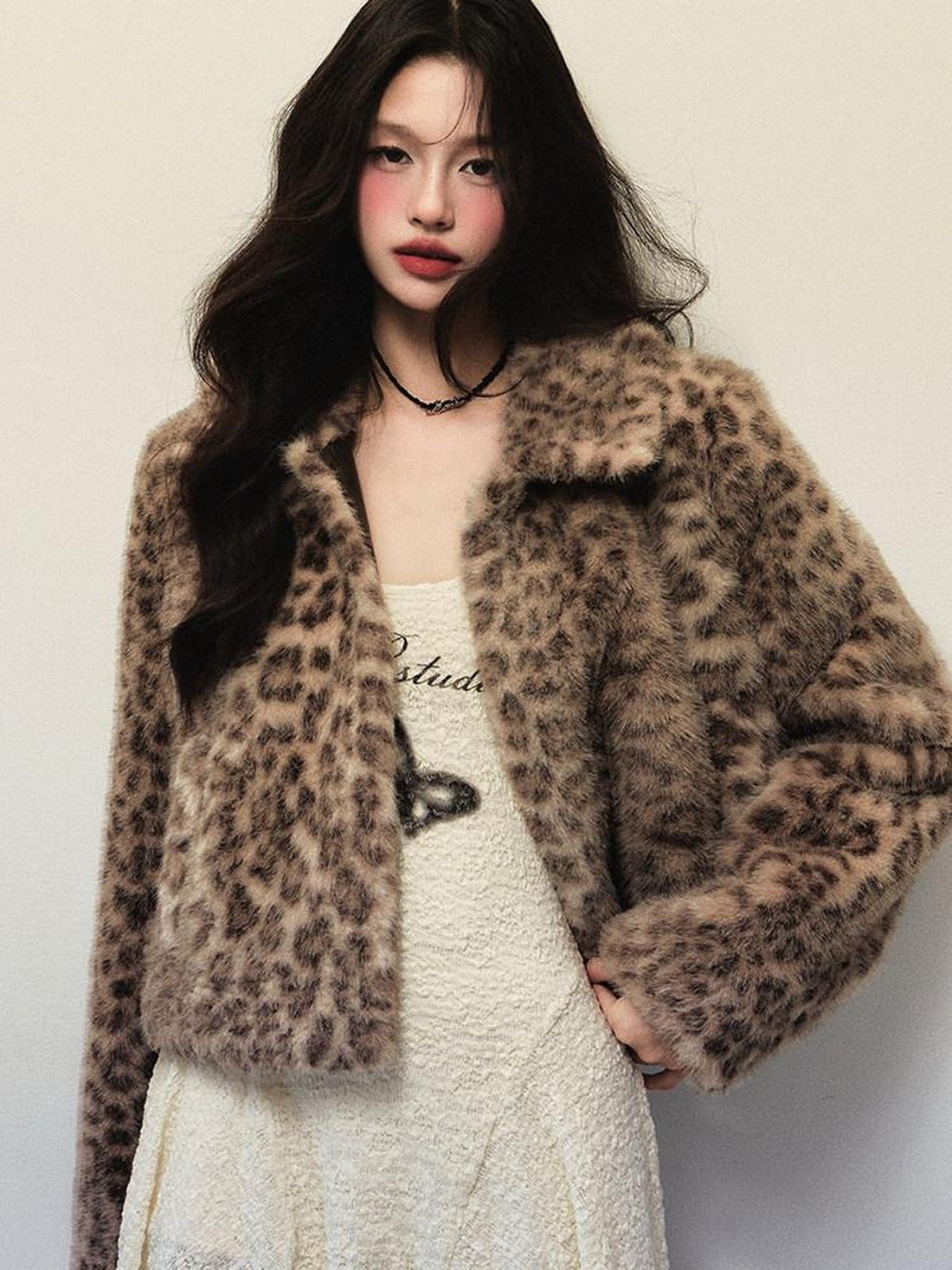 1P STUDIO Y2k Leopard Print Short Oversized Large Lapel Women&