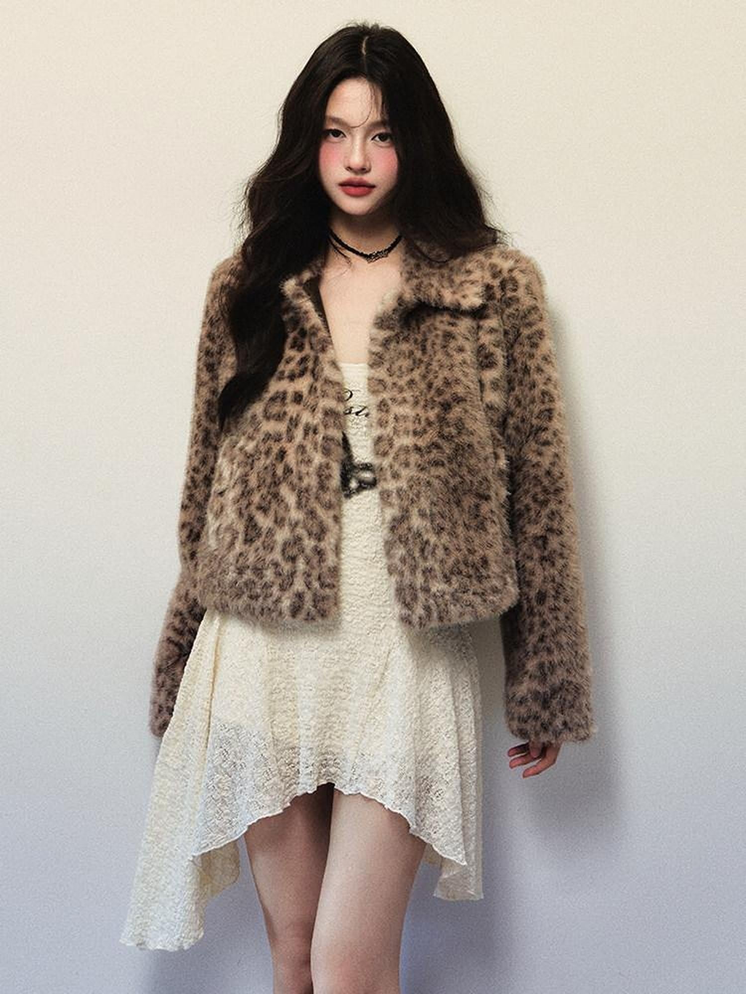 1P STUDIO Y2k Leopard Print Short Oversized Large Lapel Women&