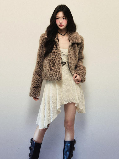 1P STUDIO Y2k Leopard Print Short Oversized Large Lapel Women&