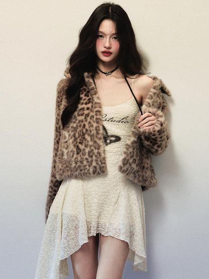 1P STUDIO Y2k Leopard Print Short Oversized Large Lapel Women&
