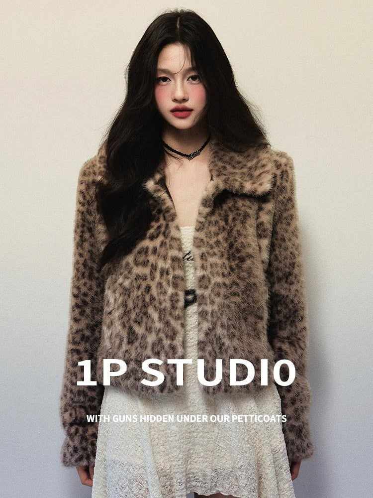 1P STUDIO Y2k Leopard Print Short Oversized Large Lapel Women&