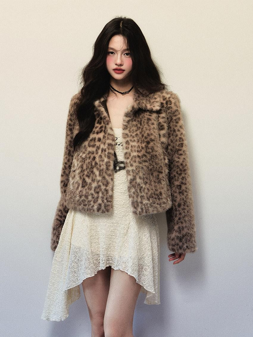 1P STUDIO Y2k Leopard Print Short Oversized Large Lapel Women&