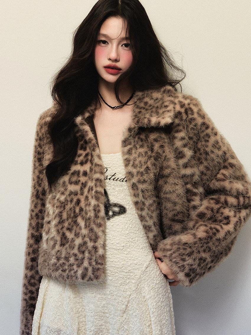 1P STUDIO Y2k Leopard Print Short Oversized Large Lapel Women&
