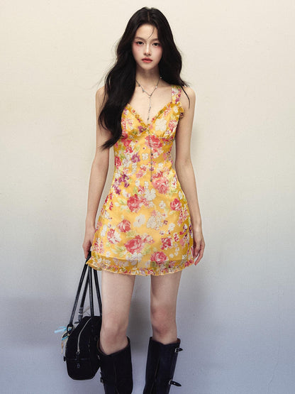 1P STUDIO Yellow Floral Ruffle V-neck Strappy Women&