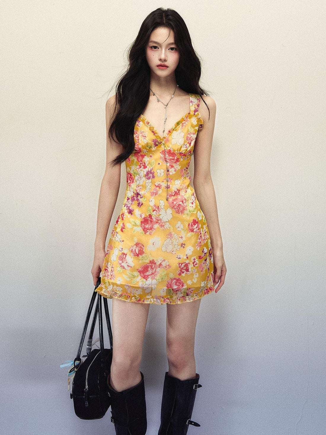 1P STUDIO Yellow Floral Ruffle V-neck Strappy Women&