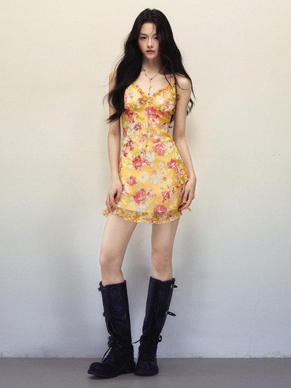 1P STUDIO Yellow Floral Ruffle V-neck Strappy Women&