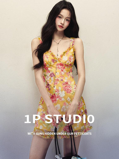 1P STUDIO Yellow Floral Ruffle V-neck Strappy Women&