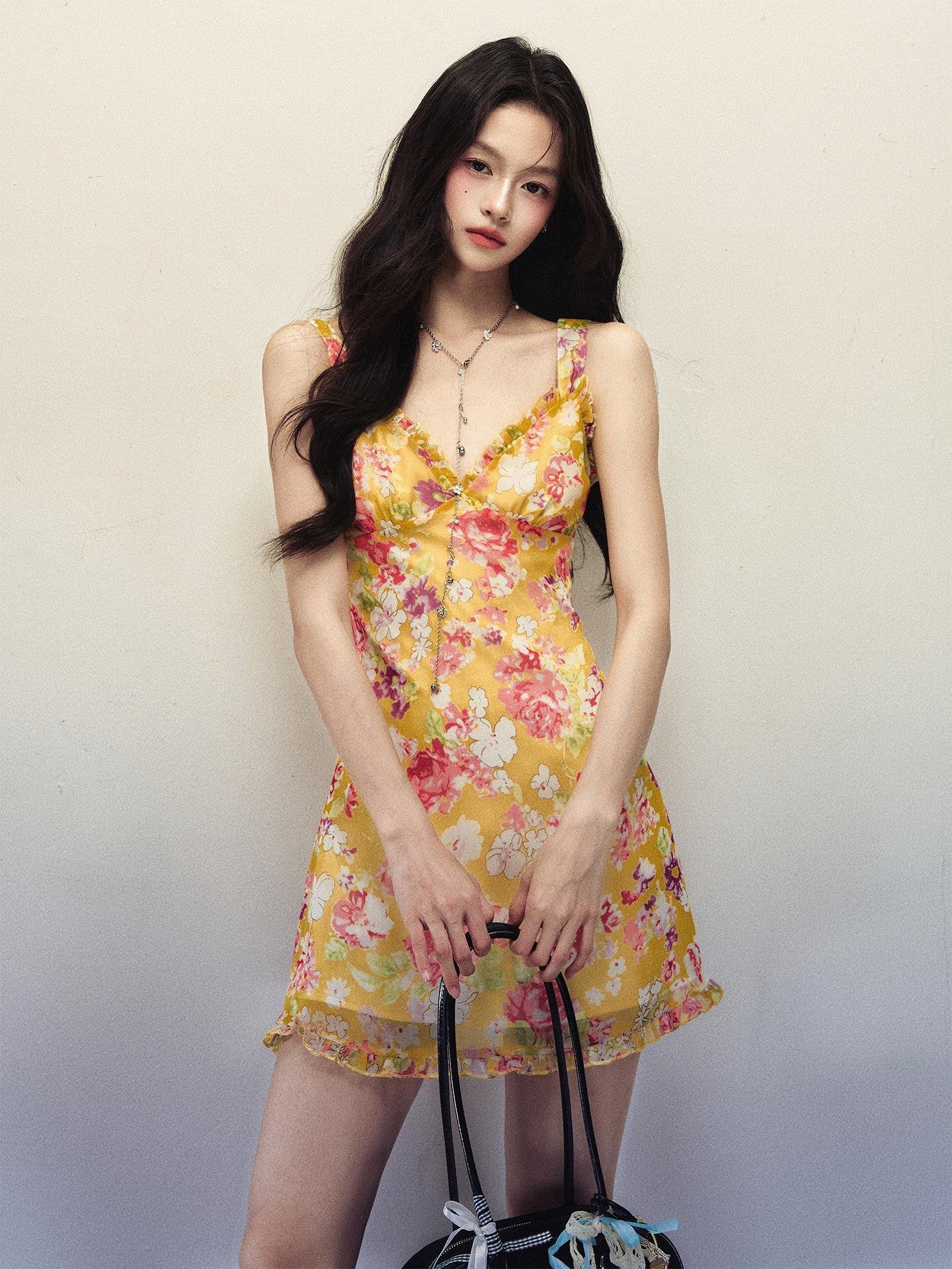 1P STUDIO Yellow Floral Ruffle V-neck Strappy Women&