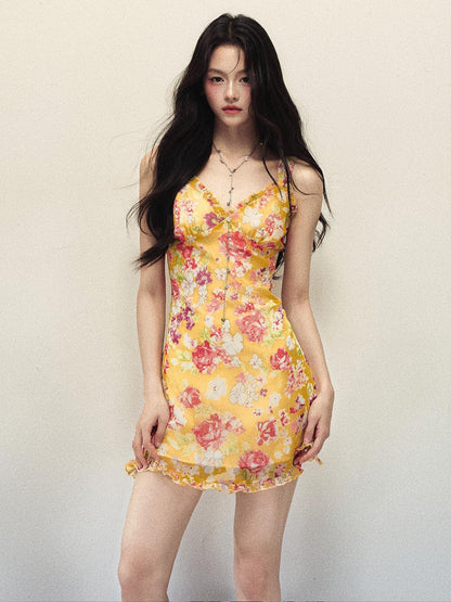 1P STUDIO Yellow Floral Ruffle V-neck Strappy Women&