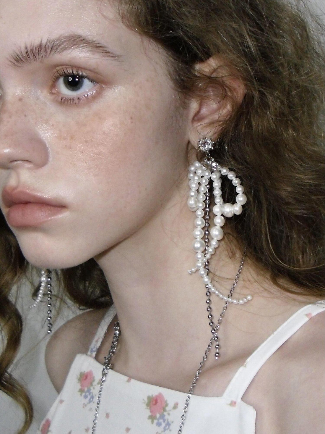 1P STUDIO Zircon Pearl Beaded Bow Chain Women&