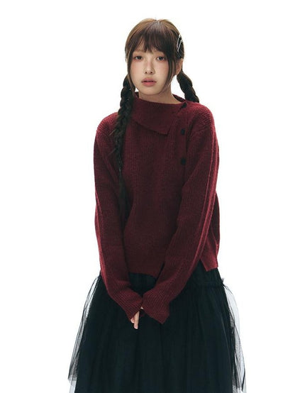 NAPSNAPS Rust Red Asymmetrical Placket Knit Mock Neck Women&