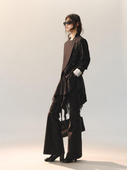 AnnoMundi Stretch Cotton Blend Slim Casual Natural Waist Women Black Straight Pants