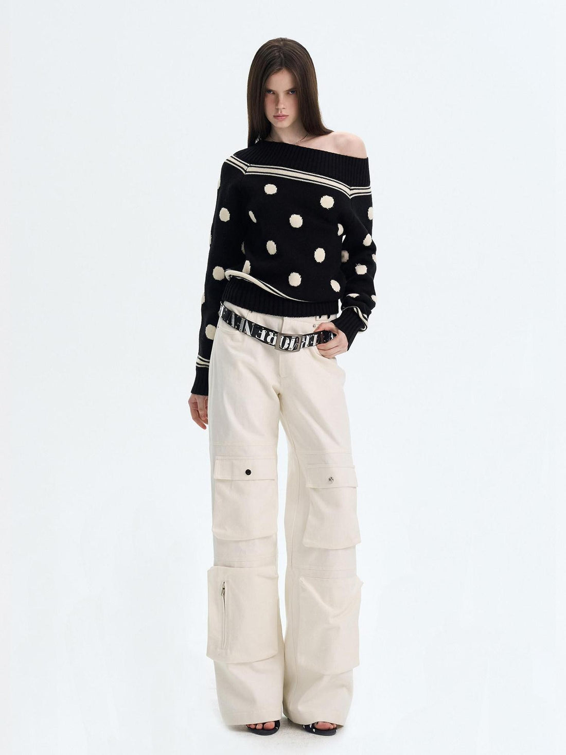 The NeverMore Cozy Thermal Acrylic Wool Polka Dot Boat Neck Relaxed Women Knit Sweaters