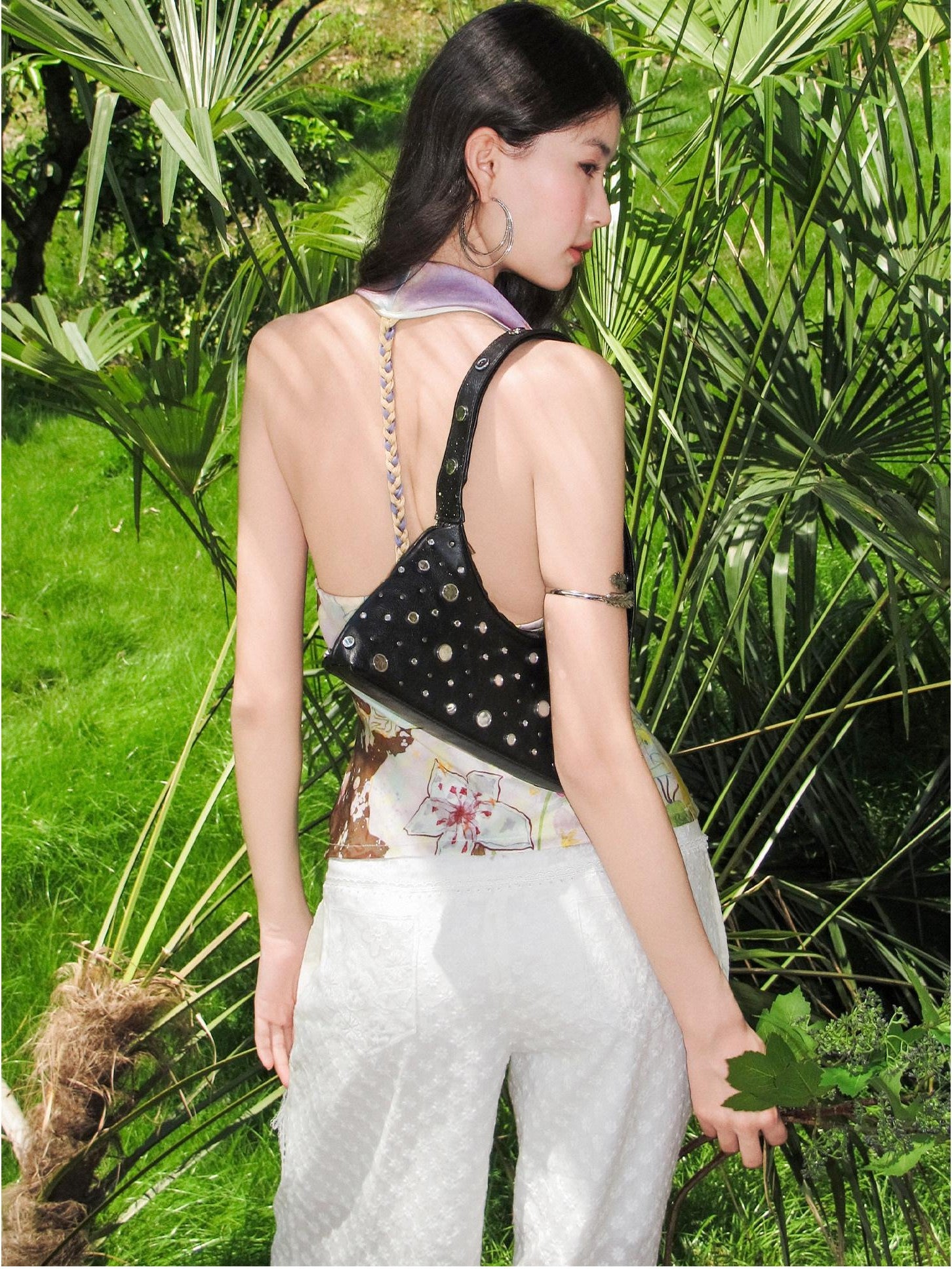 OfAkiva Purple Printed Draped Halter Backless Cropped Women&