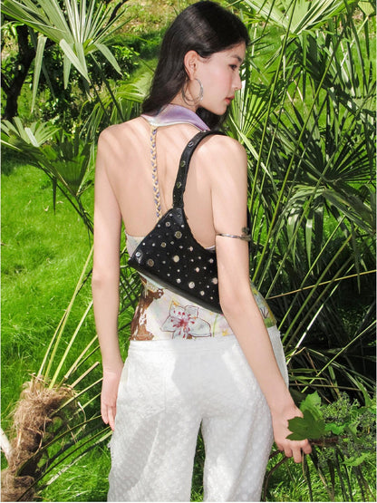 OfAkiva Purple Printed Draped Halter Backless Cropped Women&