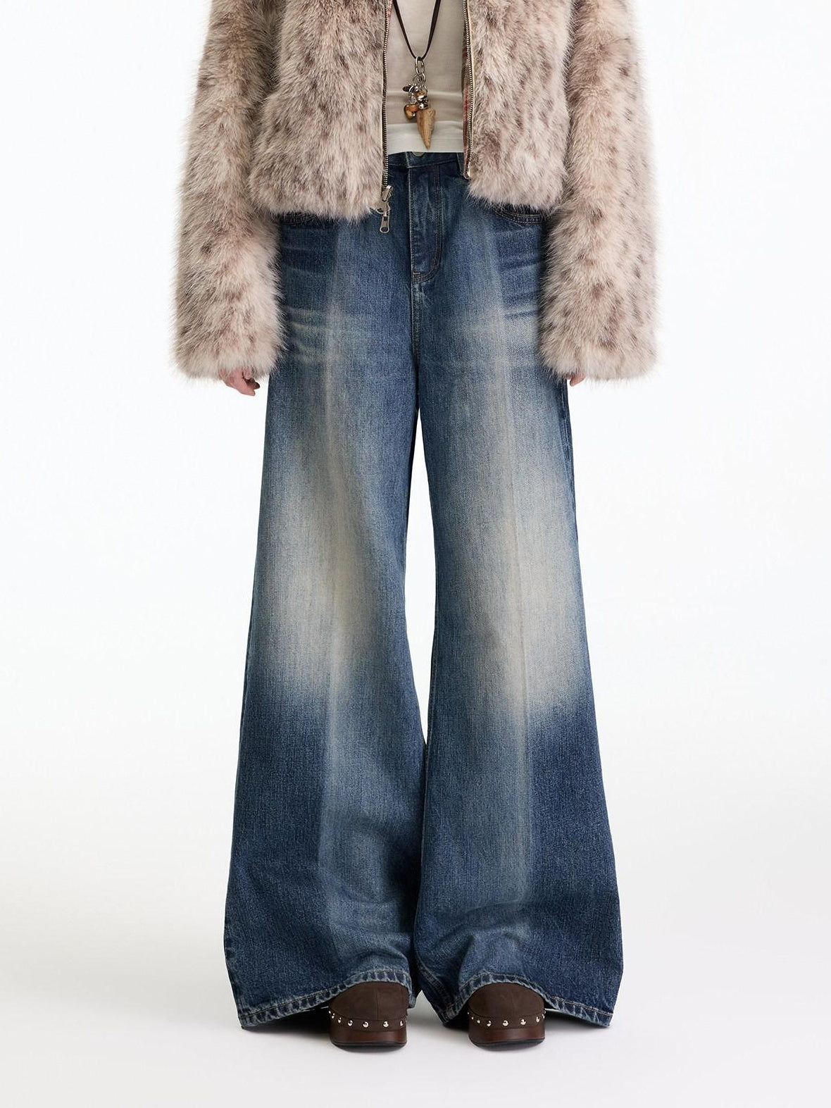 RUN TO THE FUTURE Washed Ice Blue Casual Natural Waist Womens Non Stretch Denim Straight Jeans