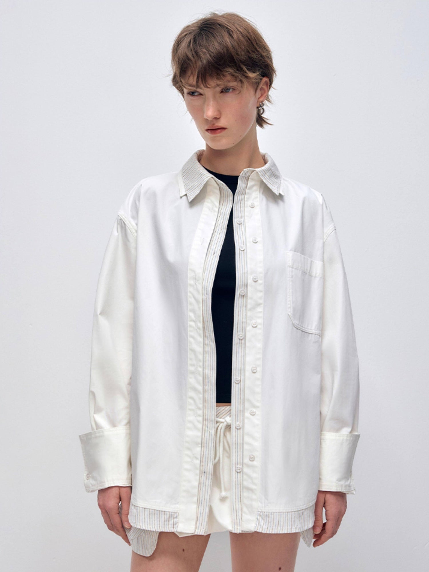 RUN TO THE FUTURE Cotton Long Sleeve Polo Button Minimalist Two Piece Women Antique White Shirts