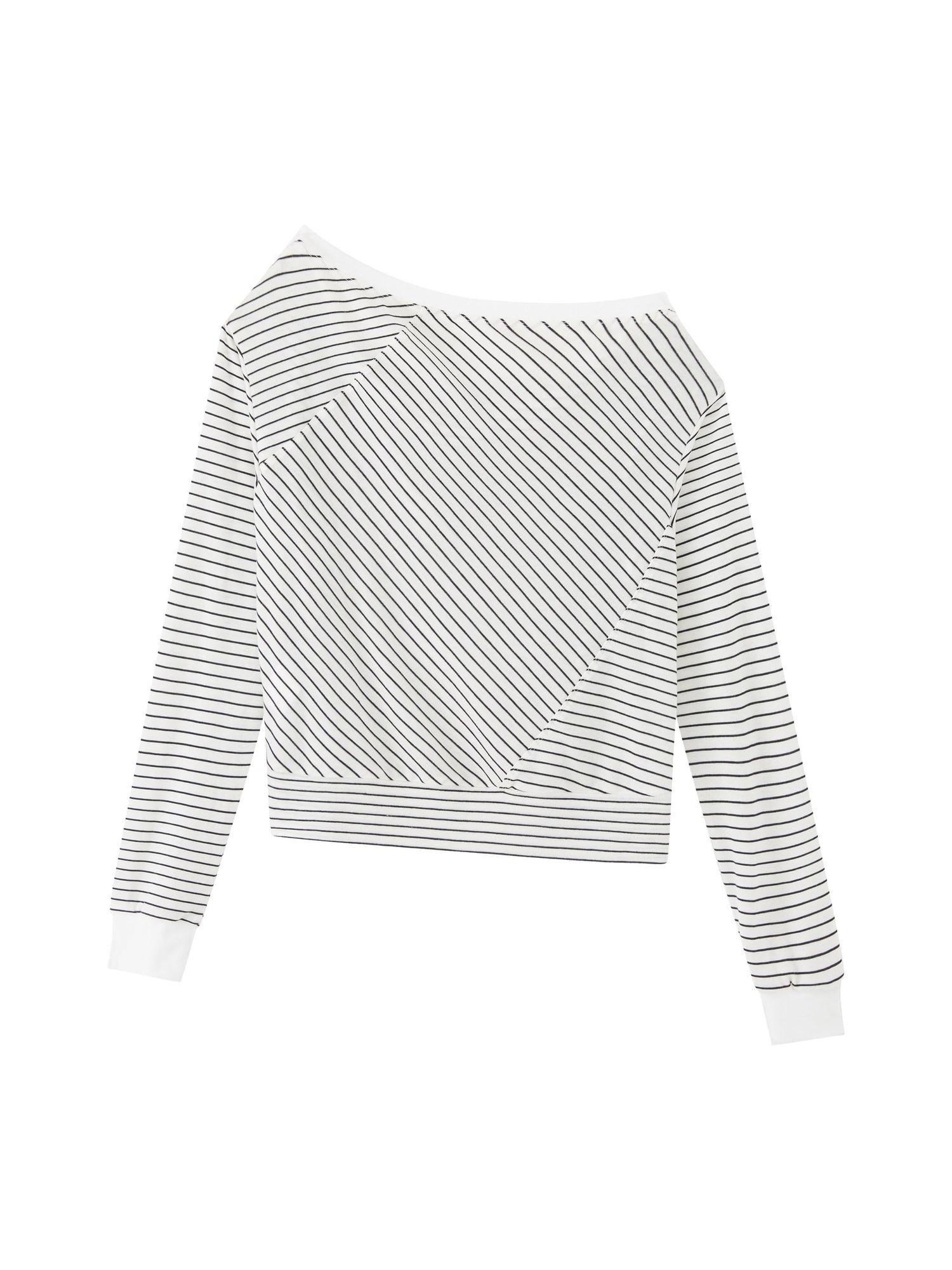 RUN TO THE FUTURE Lyocell Wool Blend Loose Fit Slanted Neck Striped Long Sleeve T-Shirts