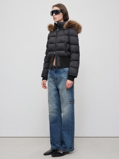 RUN TO THE FUTURE Warm 90 Percent White Duck Slim Hooded Fur Collar Black Women Zip Down Jackets