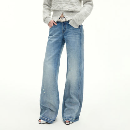 RUN TO THE FUTURE Vintage Washed Flared Cotton Natural Waist Women Blue Wide-Leg Jeans