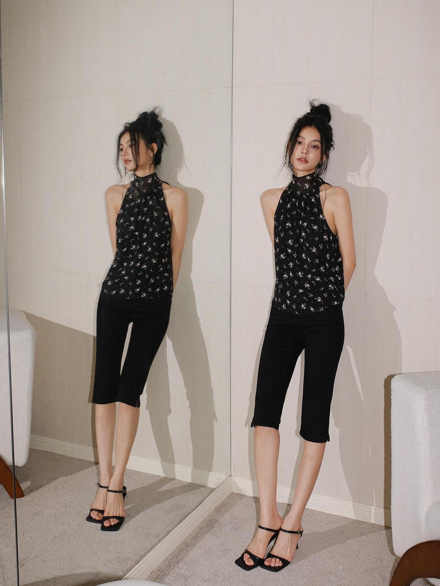 FU FRESH UP Black Floral Stand Collar Tie Neck Chiffon Women&