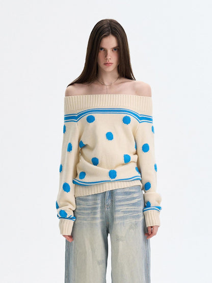 The NeverMore Cozy Thermal Acrylic Wool Polka Dot Boat Neck Relaxed Women Knit Sweaters