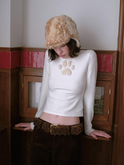 DKZ OFFICIAL Fuzzy High Neck Cat Paw Patchwork Slim Fit Women&