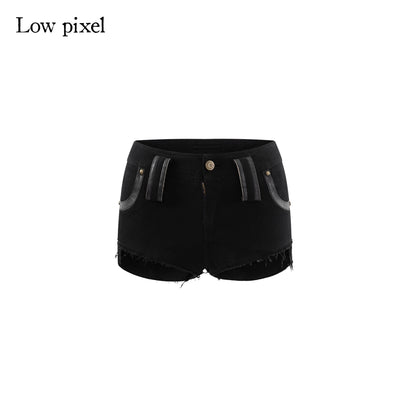 Low pixel Low Rise Slim Pocketed Patchwork Streetwear Women Black Zipper Mini Shorts