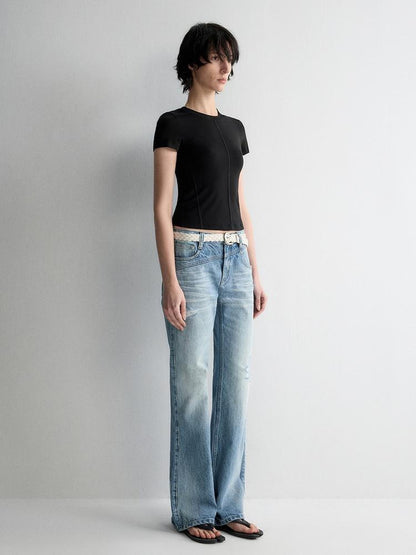 RUN TO THE FUTURE Ripped Low Rise Wide Leg Casual Loose Fit Vintage Ice Blue Denim Straight Jeans