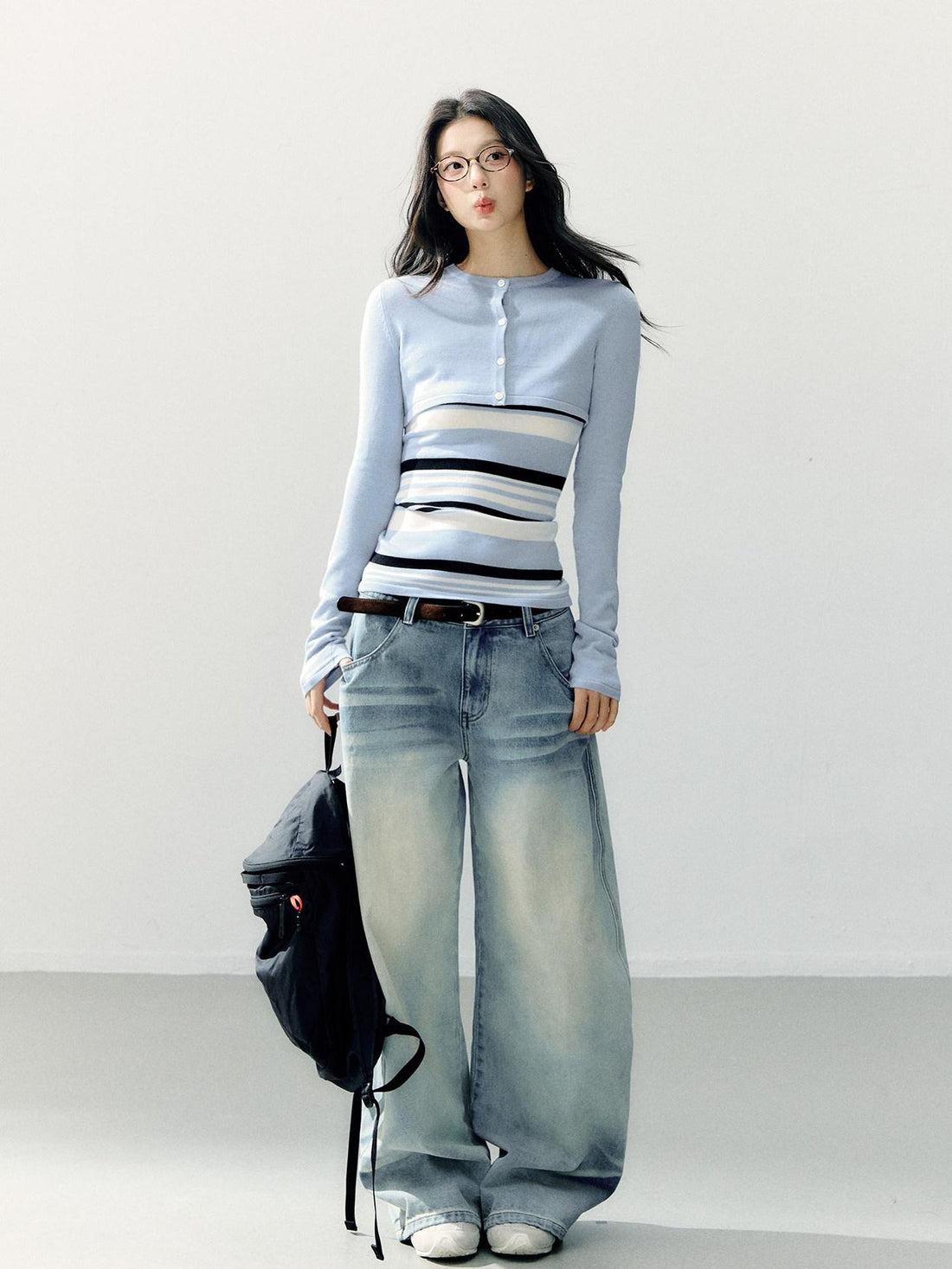 7Shiftin Striped Two Piece Cardigan And Camisole Casual Women Blue Long Sleeve T-Shirts