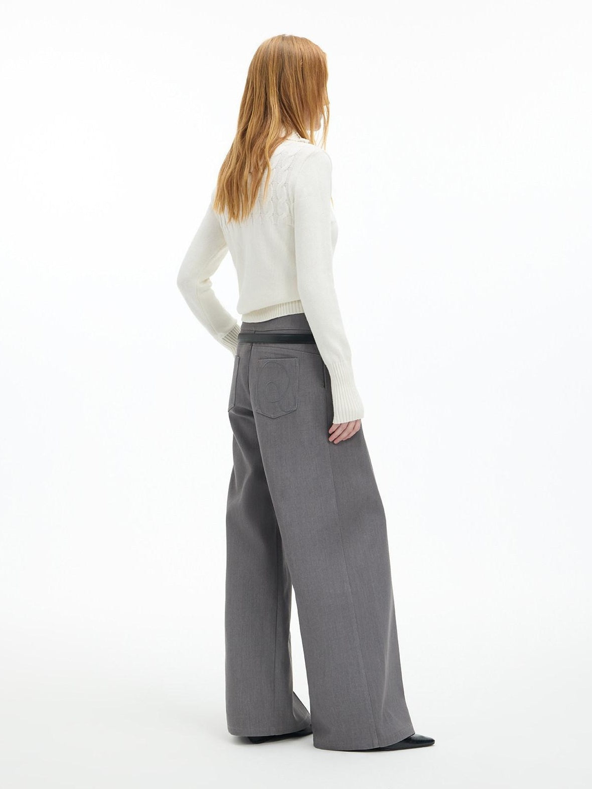 RUN TO THE FUTURE Low Rise Jacquard Minimal Casual Women Light Heather Gray Wide-Leg Pants