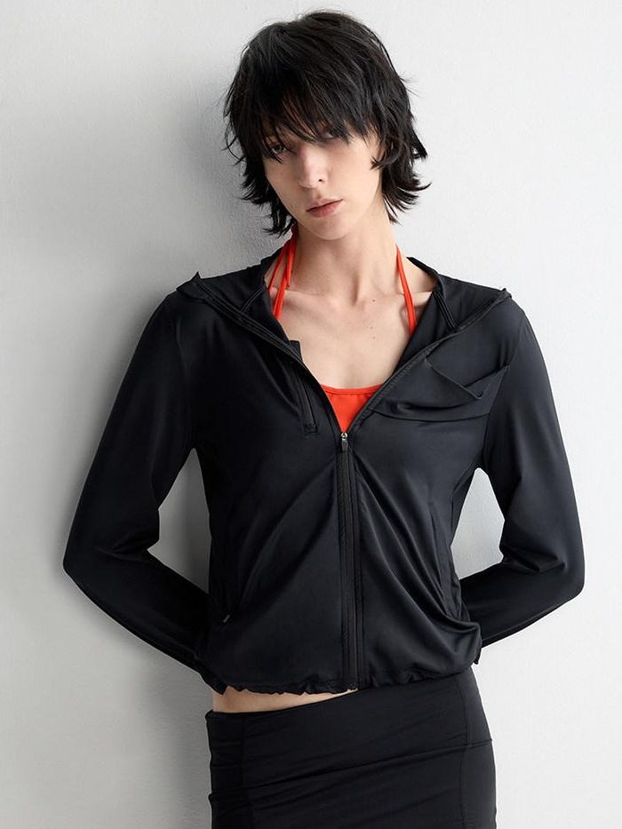 RUN TO THE FUTURE Breathable Upf110 Protection Slim Fit Hooded Zip Cropped Female Black Hoodies