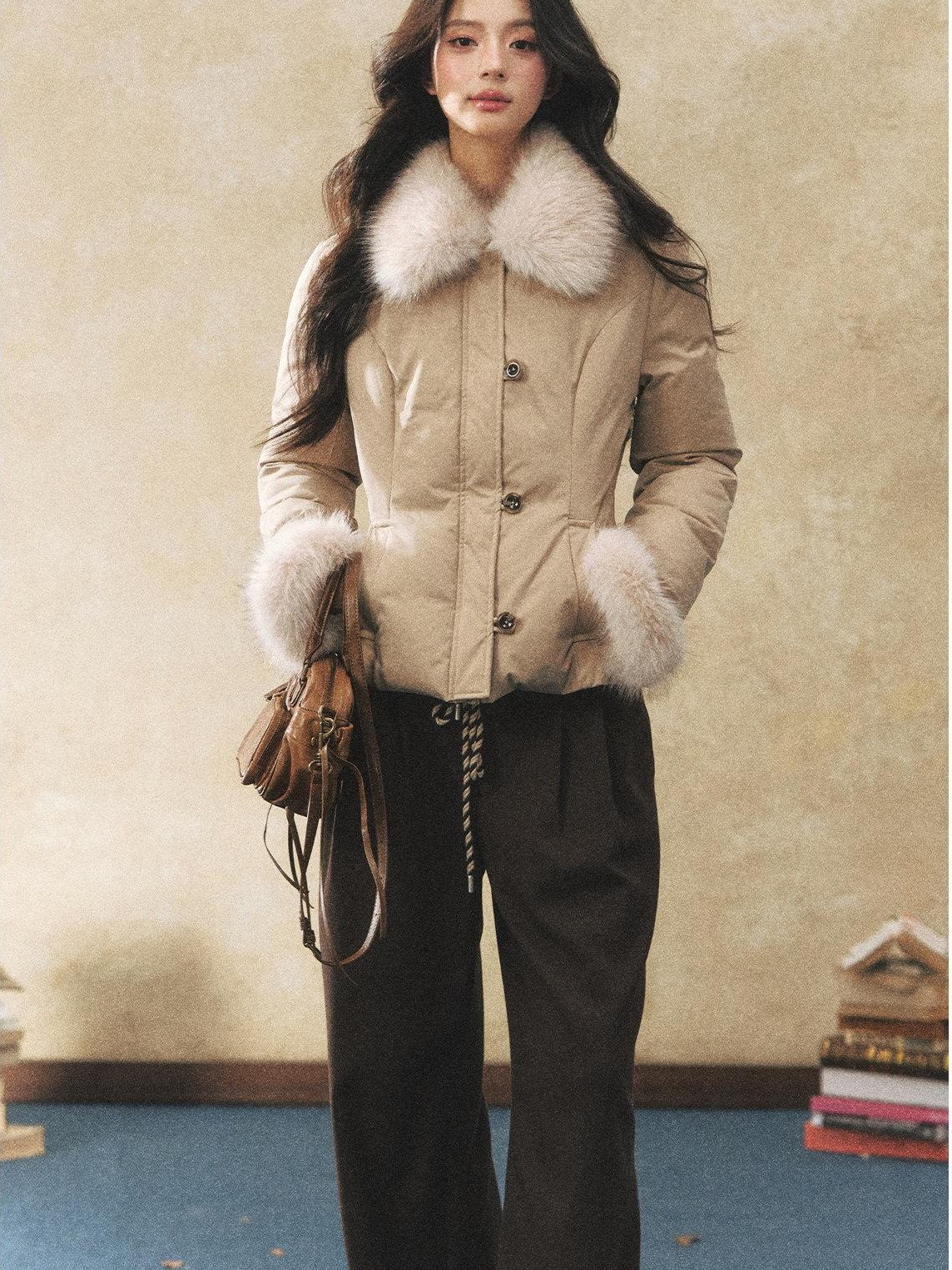 7Shiftin Warm Down Filled Plush Fur Collar Slim Fit Button Cropped Women Knit Sweaters