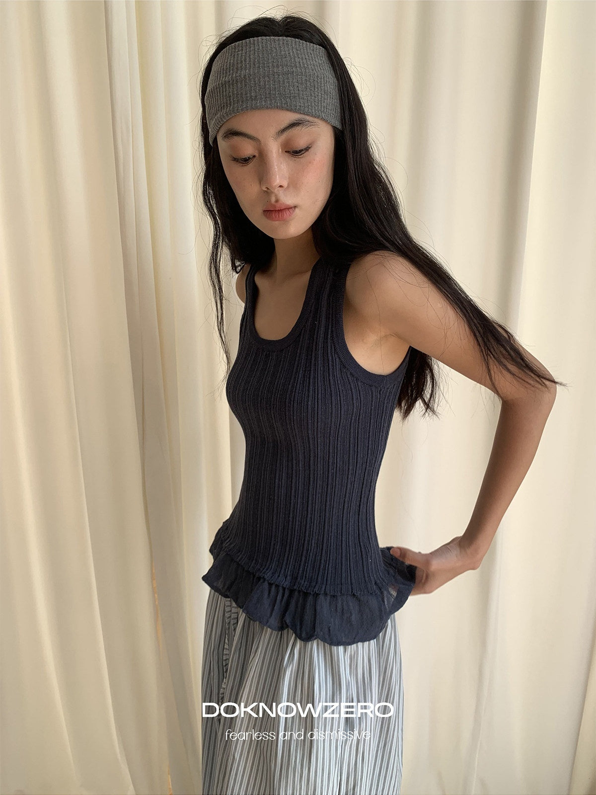 DKZ_OFFICIAL_Ribbed_Knit_Ruffle_Hem_U_Neck_Racerback_Women&