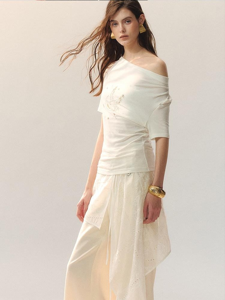 AnnoMundi Beaded Asymmetric Neck Loose Women Lyocell Stretch White Short Sleeve T-Shirts