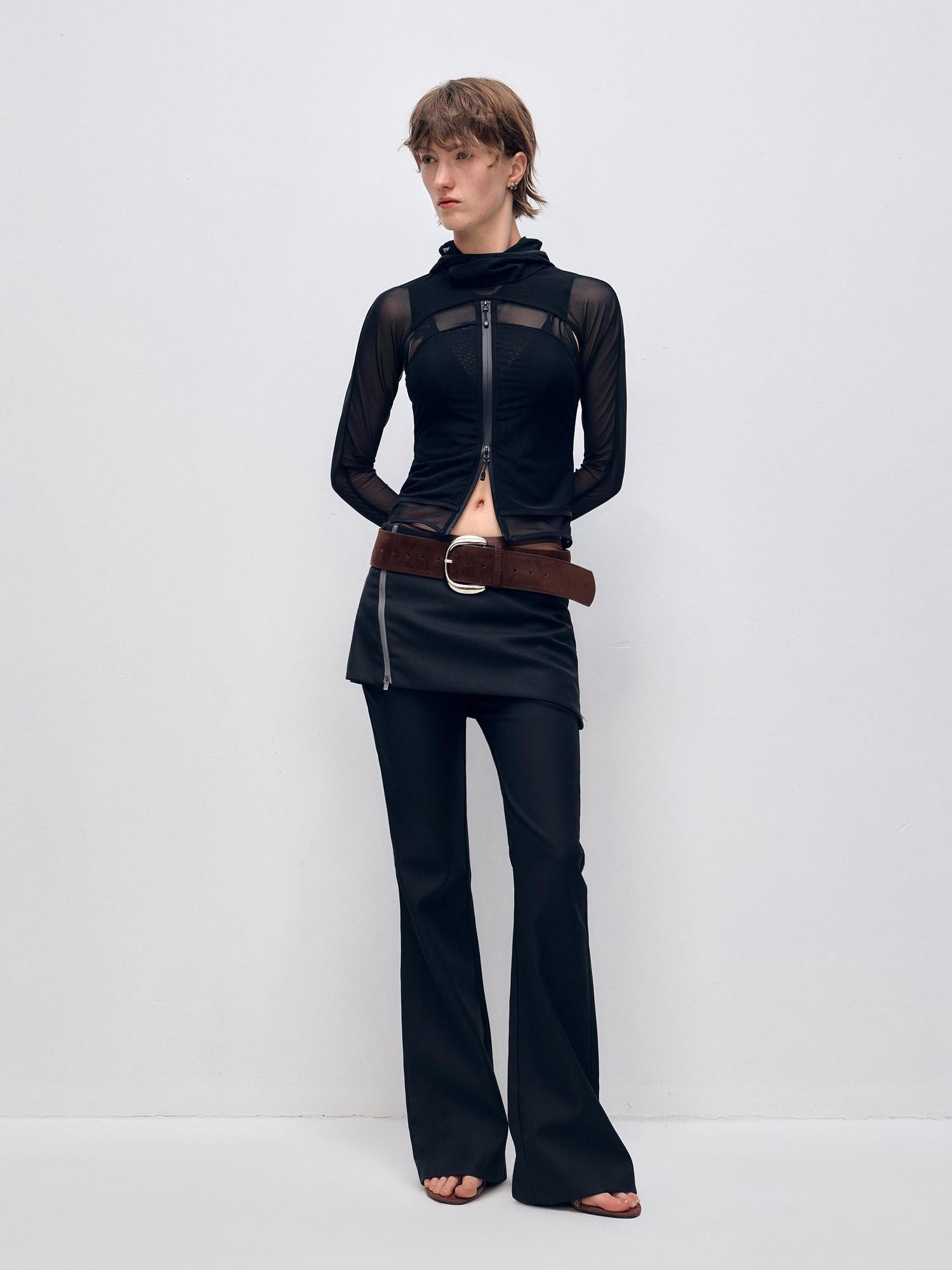 RUN TO THE FUTURE Low Waist Zip Slim Minimal Microflare Women Classic Black Flare Pants