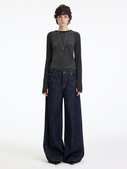 RUN TO THE FUTURE Casual Natural Waist Wide Leg Cotton Zipper Women Indigo Straight Jeans