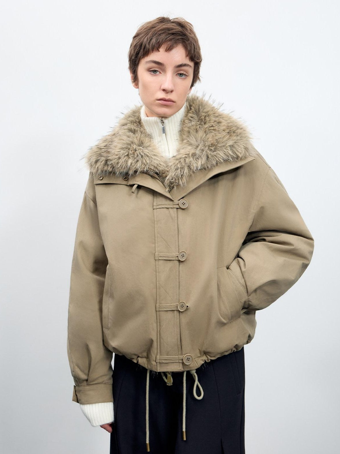 RUN TO THE FUTURE Thick Cotton Fill Fur Collar Loose Fit Commuter Solid Zip Puffer Jackets