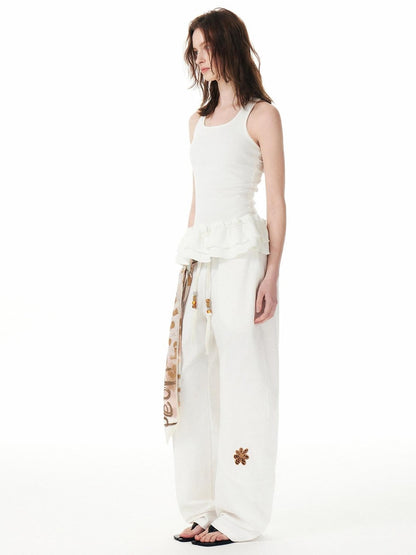 OuttheBlue Cotton Drawstring Pockets Natural Waist Workwear Long White Wide Leg Pants