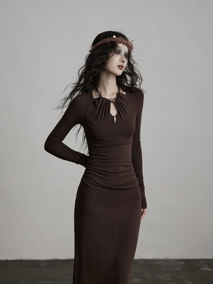 INDULGE Soft Modal Wool Cutout Slim Fit Long Sleeve Casual Brown Bodycon Maxi Dresses