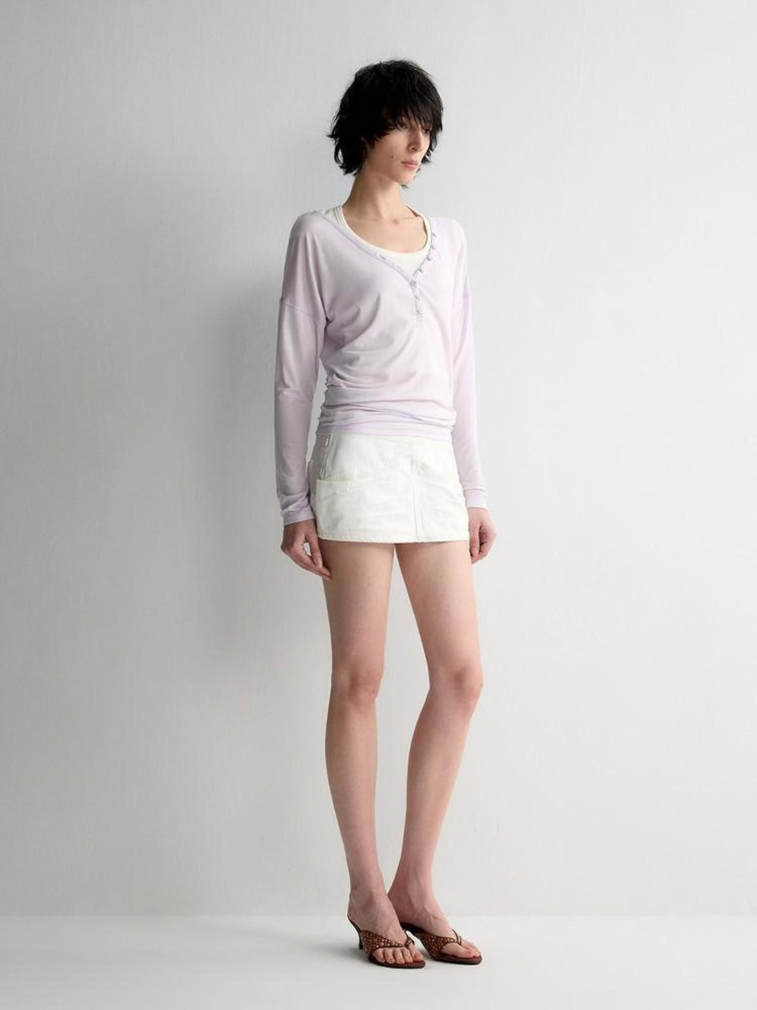 RUN TO THE FUTURE Breathable Lyocell Linen Vneck Slim Casual Women Lilac Long Sleeve T-Shirts