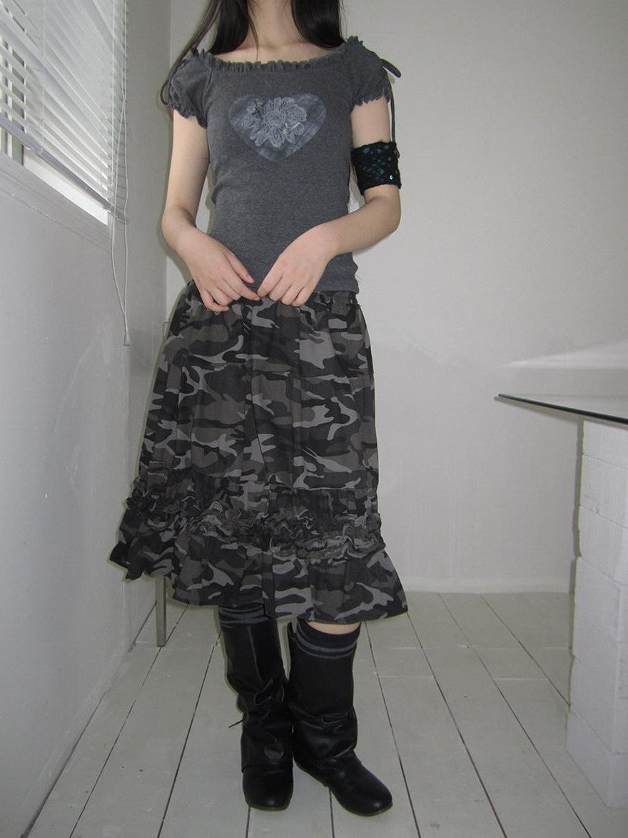 ang project Camouflage Ruffle Edge Patchwork Elastic Waist Women&