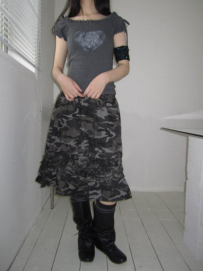 ang project Camouflage Ruffle Edge Patchwork Elastic Waist Women&